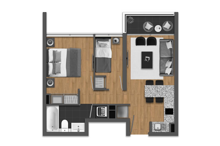 Modelo 2D-1B 3C A del proyecto Edificio DÚO Carvajal - Inmobiliaria Aconcagua