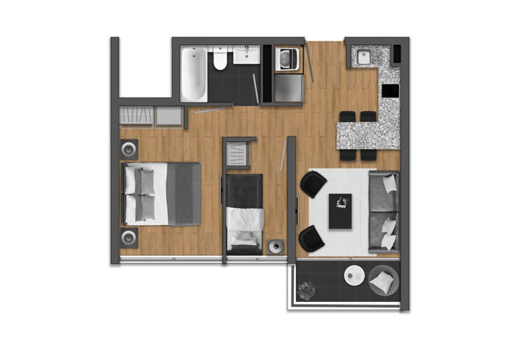 Modelo 2D-1B 3C B del proyecto Edificio DÚO Carvajal - Inmobiliaria Aconcagua