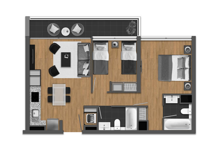 Modelo 2D-2B A del proyecto Edificio DÚO Carvajal - Inmobiliaria Aconcagua