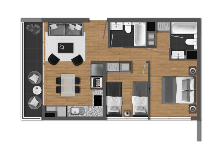 Modelo 2D-2B C del proyecto Edificio DÚO Carvajal - Inmobiliaria Aconcagua