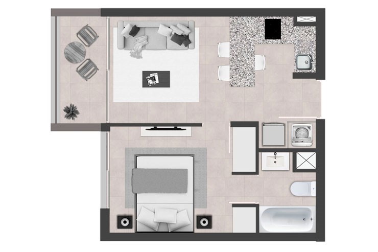 Modelo 1BM del proyecto Edificio Nueva Ñuñoa - Inmobiliaria Aconcagua